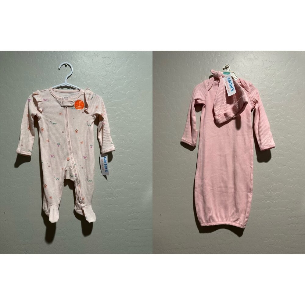 Carter’s Baby Girl Onesie 2 way zipper & pink ribbed sleep gown with hat size 3M